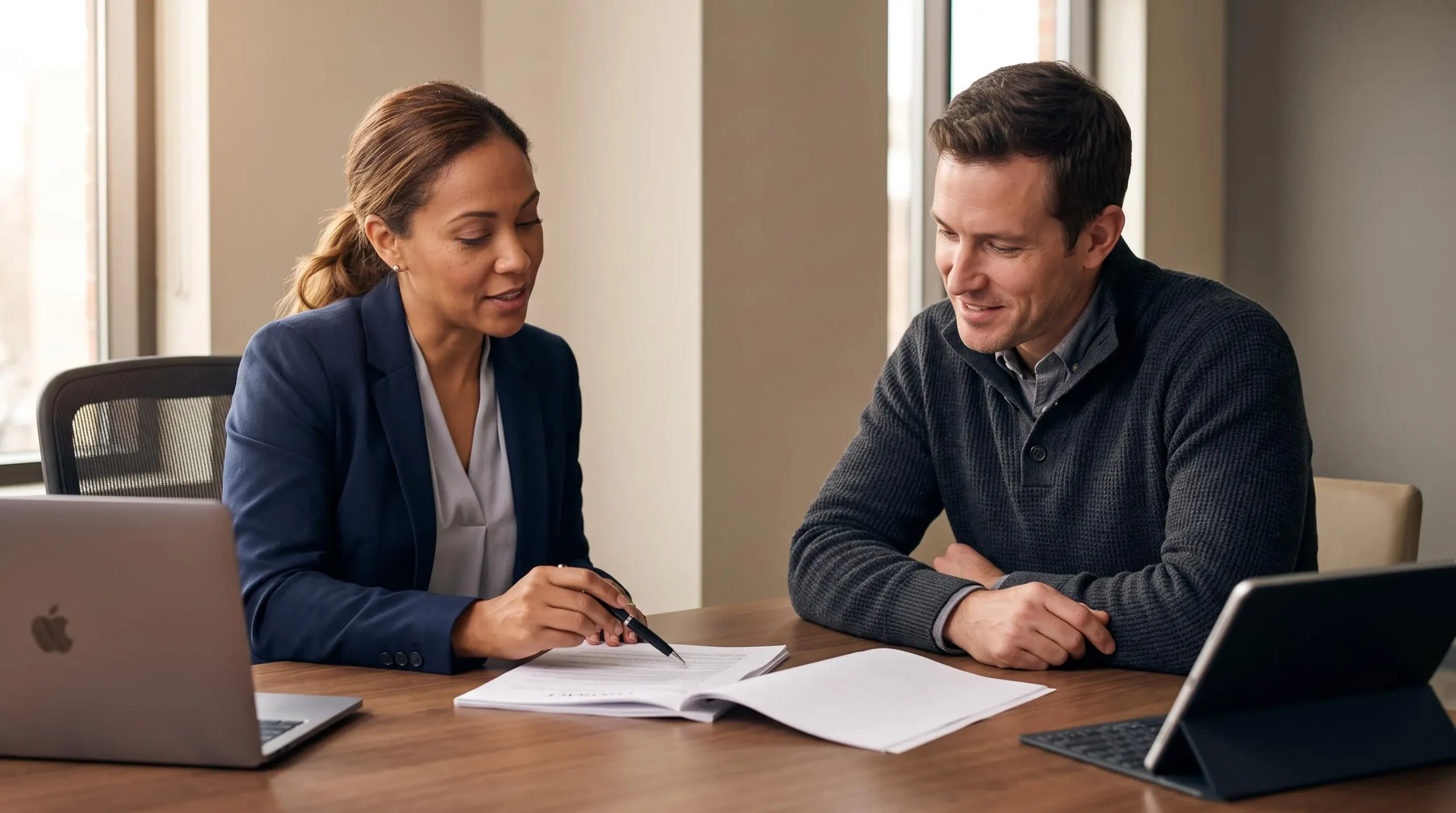 Un conseiller financier explique un contrat de financement automobile à un client lors d'une consultation dans un bureau professionnel