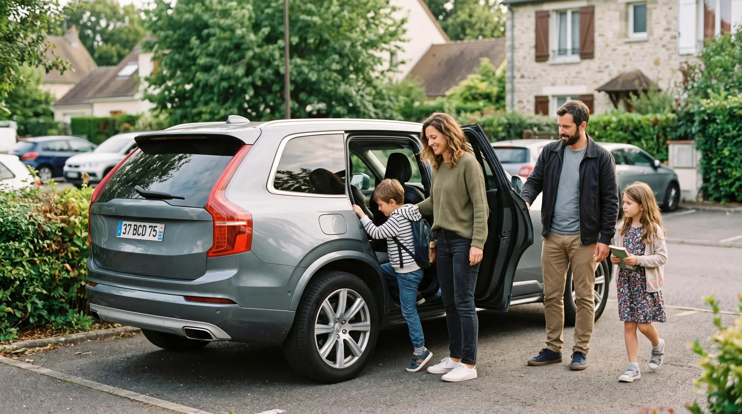 Une famille avec enfants utilise un véhicule spacieux moderne stationné dans un parking résidentiel