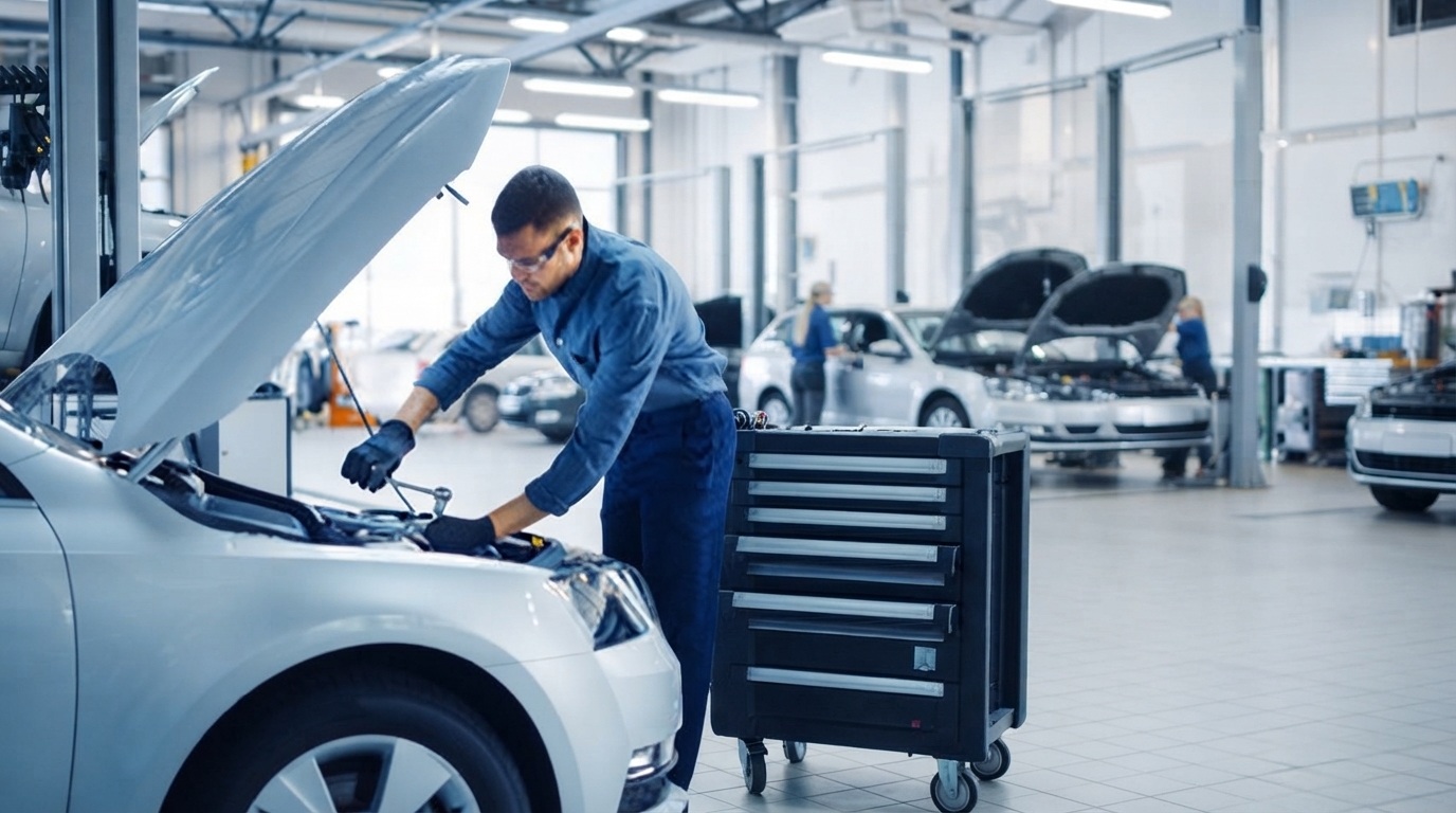 Un inspecteur automobile examine l'état extérieur d'un véhicule récent dans une zone de contrôle professionnelle
