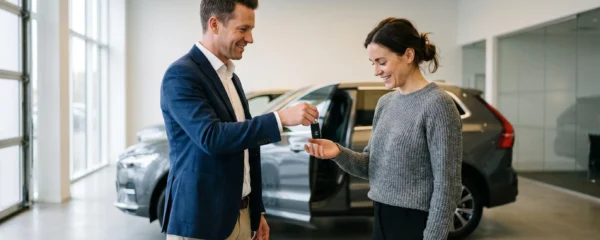 Un conseiller automobile remet les clés d'un véhicule neuf à un client dans un espace de livraison professionnel