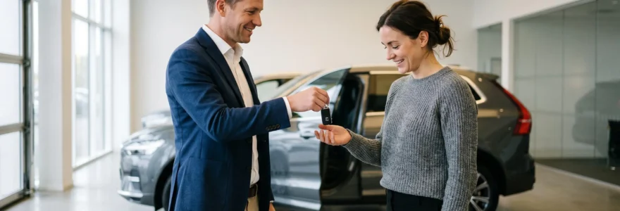 Un conseiller automobile remet les clés d'un véhicule neuf à un client dans un espace de livraison professionnel